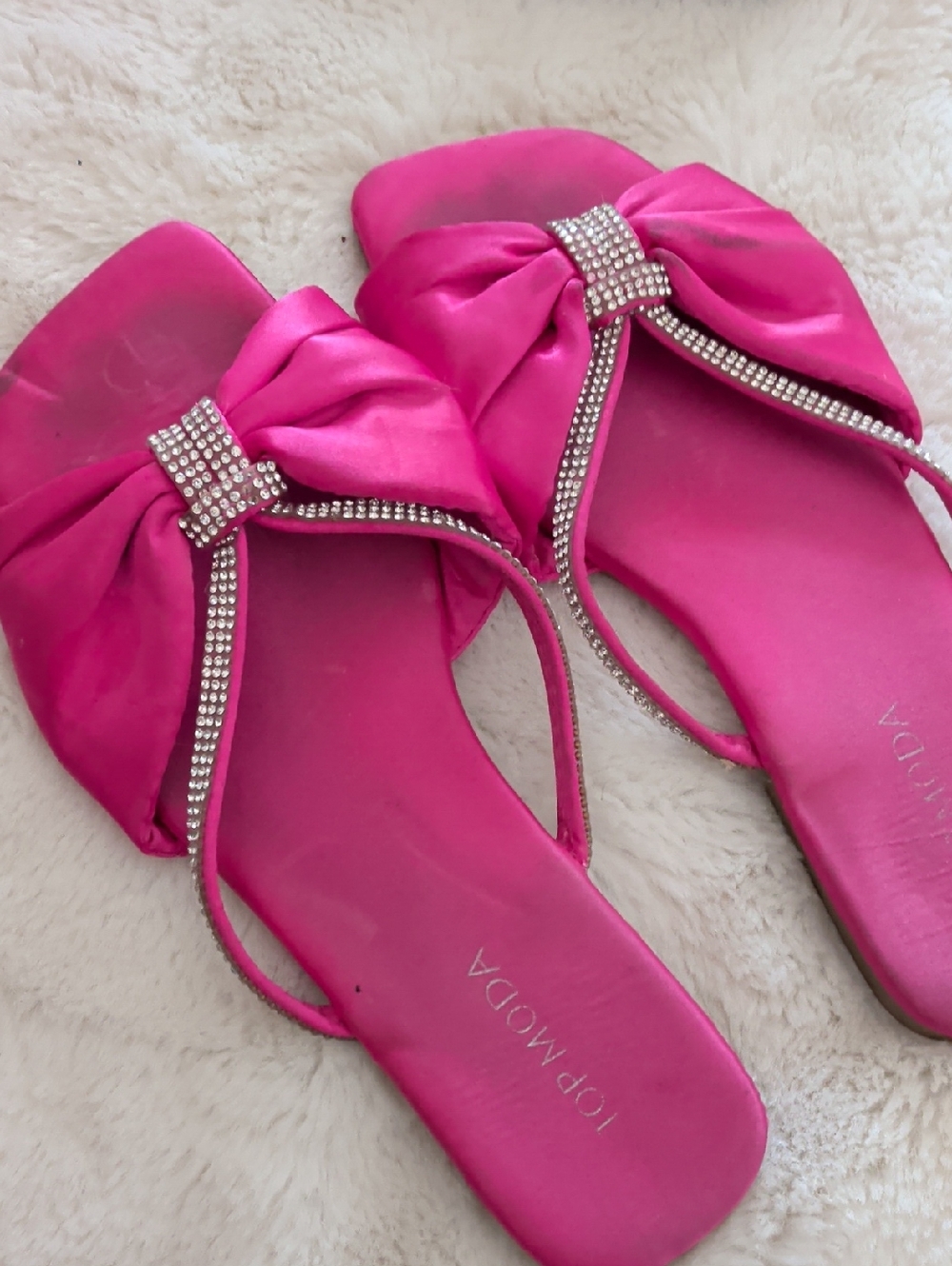 TOP Moda Hot Pink Bow Slide Sandals with Rhinestone Accent